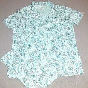 Secret Treasure Green White Paisley Print Short Sleeve Pajama Set Size L 12/14
